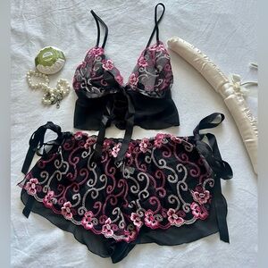 Elegant Black and Pink Lace Cami and shorts Lingerie Set